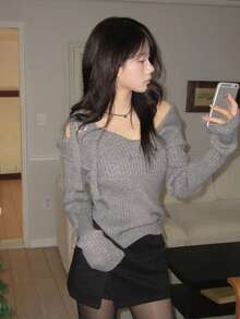 Korean Style Sexy Autumn/Winter Atmosphere Asymmetric Bowknot Tie-Up Slimming Versatile Knit Sweater - Grey - View 4