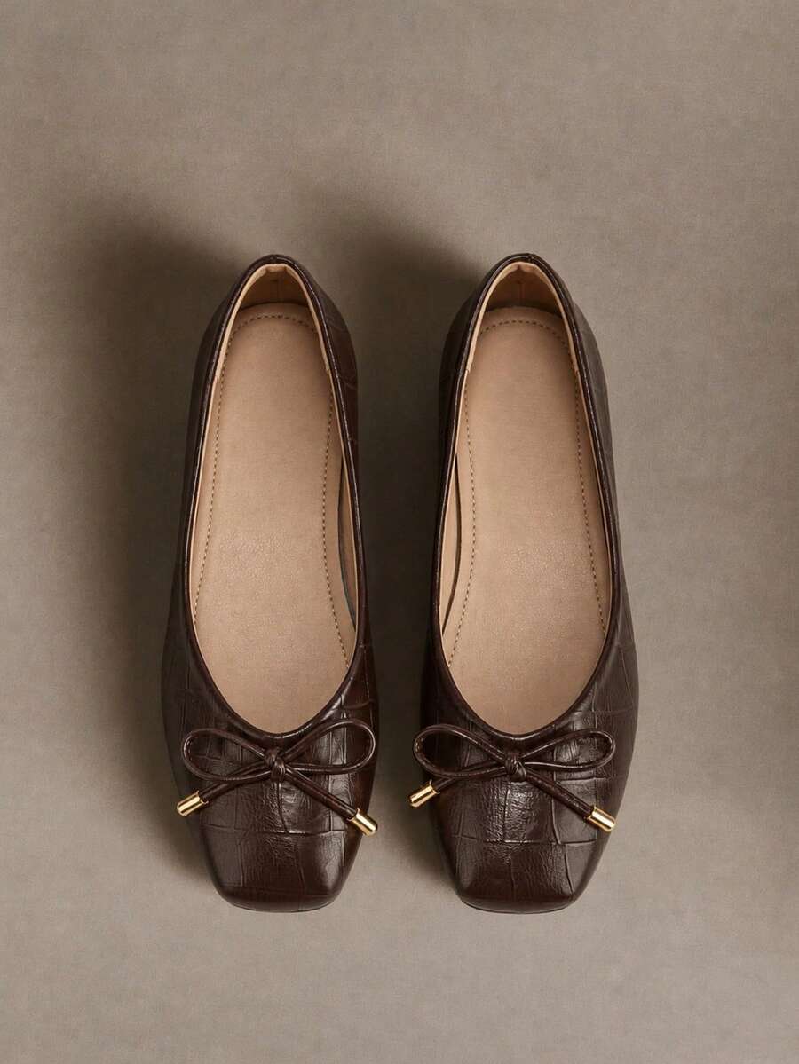 Écloséra 2025 Autumn Elegant Brown Ballet Shoes For Women, Crocodile Embossed Bow Decor Square Toe Flats - Coffee Brown - View 1