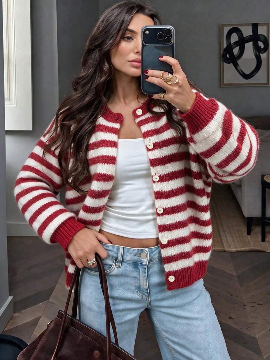 Women's Plus Size Fuzzy Knit Striped Cardigan, Comfortable Autumn/Winter Round Neck Long Sleeve Button-Front Sweater, Drop Shoulder Design, Regular Length. Red And Beige Striped Contrast Color, Full Of Vitality, Autumn/Winter Daily Wear - Red - View 1
