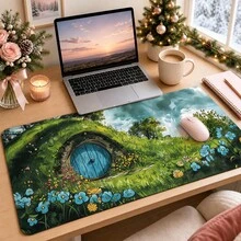 1pc Hobbit House Fantasy Landscape Desk Mat, Green Meadow Hobbit Hole Print Large Gaming Mouse Pad, Non Slip Desktop Protector For Office Game Room - View 3