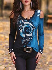 Women's Autumn Fashion Elegant Blue & Black Contrast Rose Print Cold Shoulder Long Sleeve T-Shirt, Lace V-Neck Polka Dot Decor Slim Fit Top - Blue - View 3