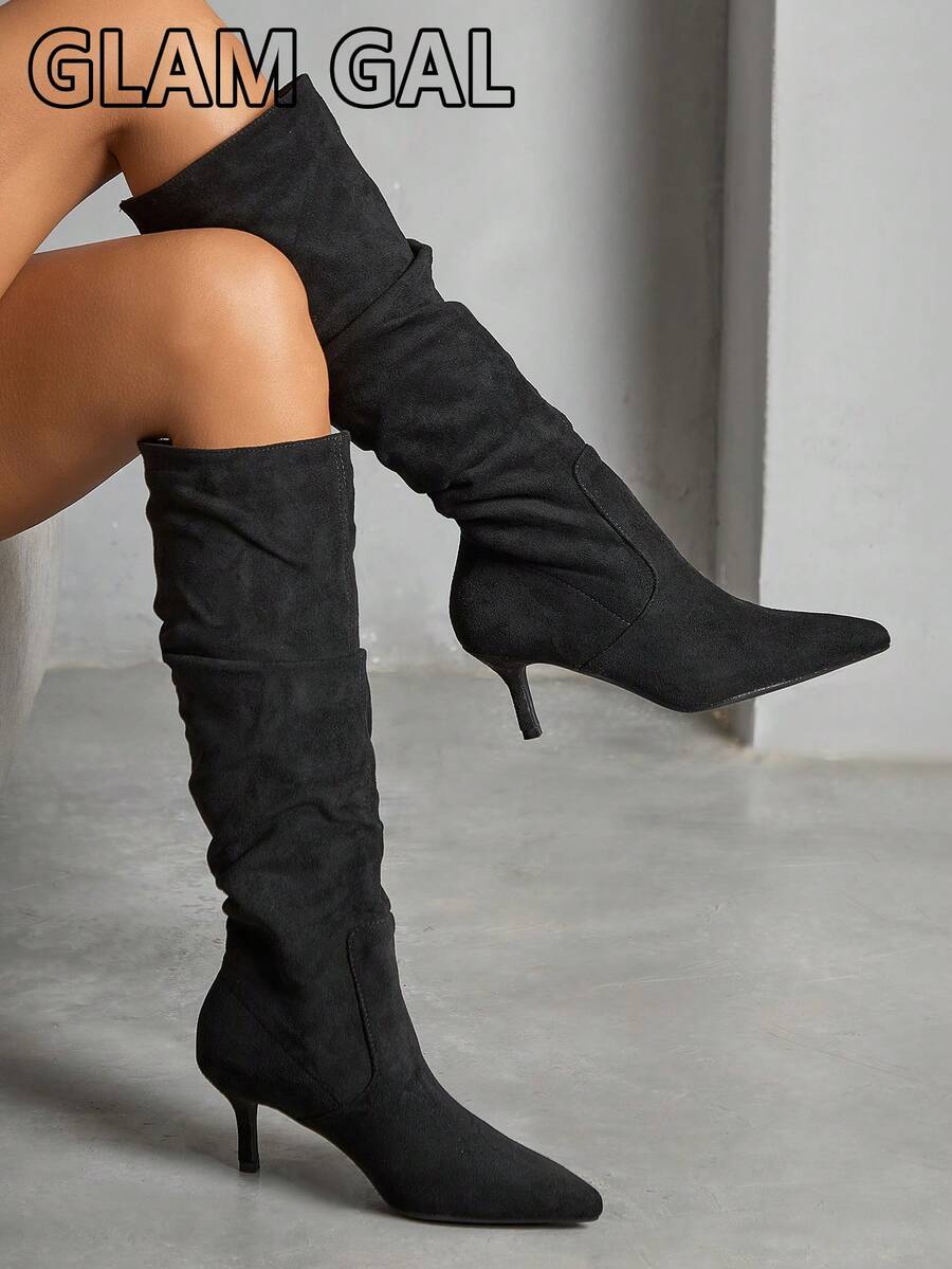Autumn/Winter Fashion Hot-Selling Women's Pointed Toe Ruched High Heel Suede Knee-High Slip-On Black Elegant Boots