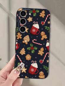 1pc TPU Dark Background Christmas Gingerbread Man Print Phone Case, Cute Hot Cocoa Candy Cane Holly Berry Pattern Shockproof Soft Protective Phone Cover, Compatible With Samsung, Series Phones - Black - View 2