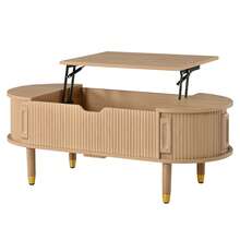 Living Room Coffee Table, Lift-Top Center Table With Storage, MDF, Rubberwood Legs, Fluted Sliding Door - Oak - View 9