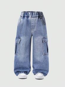 Quần jean denim ống suông rộng phong cách thường ngày cho bé trai với túi hộp - Màu xanh lam - Xem 2