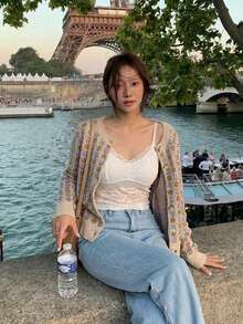 Áo cardigan len dệt họa tiết hoa, cổ tròn, cài nút trước, tay dài, dáng vừa, co giãn, màu be, phong cách vintage thường ngày cho nữ, mùa thu - Màu Khaki - Xem 1
