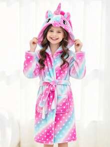 Tween Girl Pink Polka Dot Starry Sky Unicorn Design Hooded Robe - Multicolor - View 5