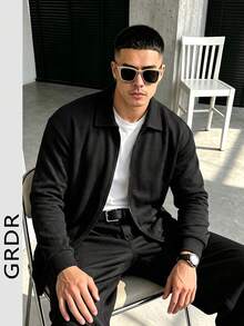 GRDR Honeycomb Waffle Knit Turn-Down Collar Full Zip Long Sleeve Jacket Men's Casual Sweatshirt - Black - View 4