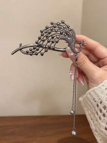 1pc Sparkling Rhinestone Hollow Peacock Tassel Twist Hair Clip, Women's Back Head Updo Hair Accessory For Wedding, Banquet, Luxury - Multicolor - View 6