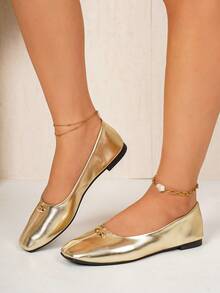 Women's French Vintage Flat Shoes With Single Strap, Fairy Style Granny Shoes, Spring New Shallow Square Toe Gold Pumps - Gold - View 5