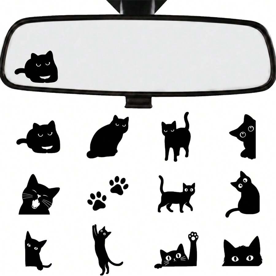Cute Rearview Miror Stickers - 12 Pcs Cat Car Rear View Window Vinyl Decal Funy Black Peeking Waterprof Bumper Accessories For Women Auto Trucks Tumbler Vehicle Laptop Water Bottle Decor - CC - View 1