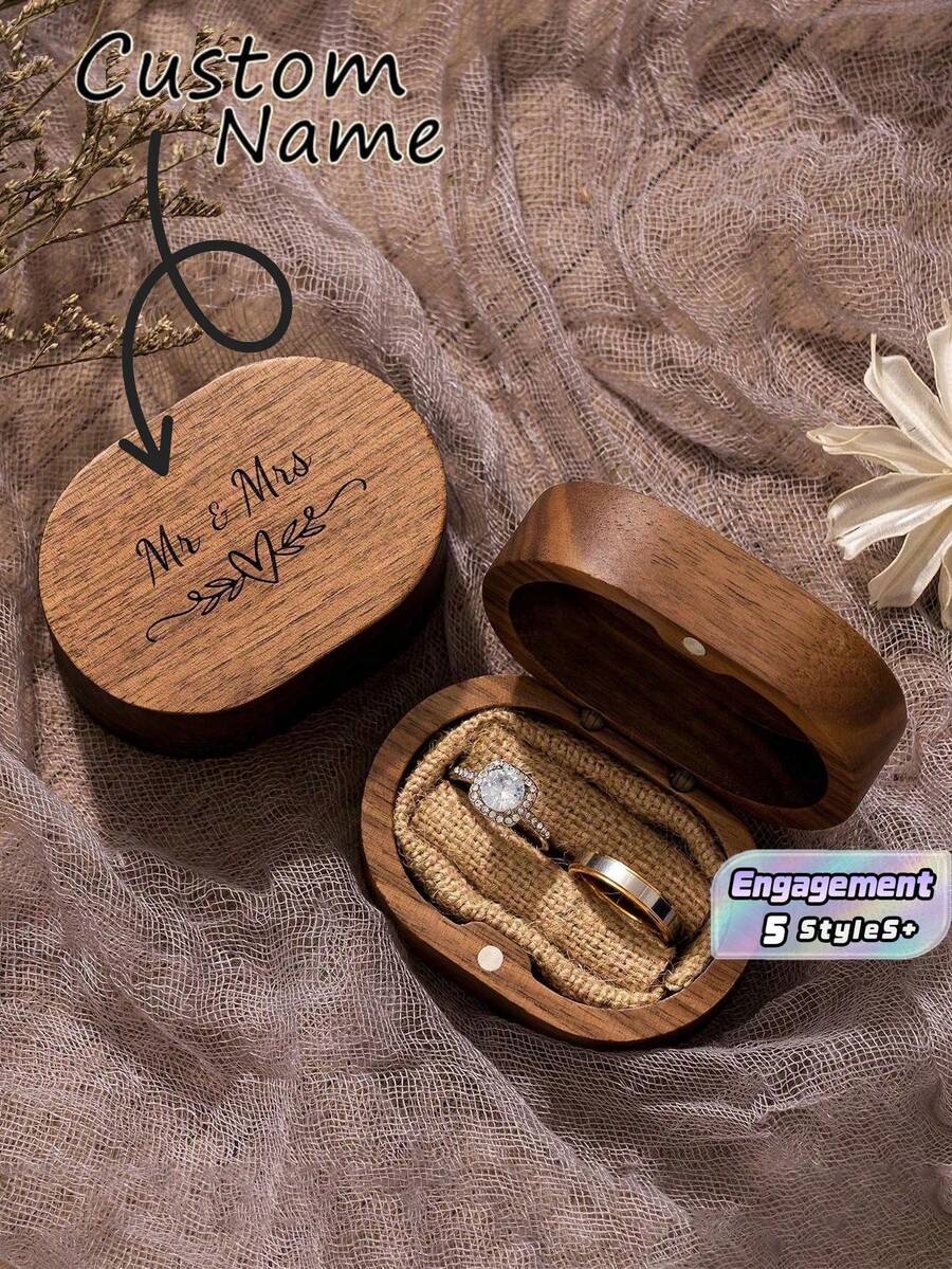 Customizable Personalized PU Leather Ring Box, Dual Slot Design, Soft Fabric Lining, Suitable For Wedding Proposal Anniversary, Couple Valentine's Day Anniversary Gift - Multicolor - View 1