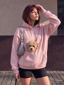 寵物飼主必備 女款休閒抓絨寬鬆連帽衛衣附口袋 秋冬款 寵物友善設計 女款秋冬服飾套裝 - 粉色 - 查看 3