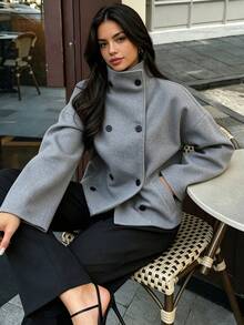 A Women's Loose-Fitting, Regular-Style Long-Sleeved Wool Coat Featuring A Stand-Up Collar And Dropped Shoulders, Suitable For Daily Winter Wear. - Grey - View 2