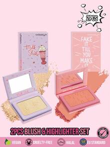 MISSLYN 2Pcs Fake It Till You Make It Powder Blush & Milk Shake Highlighter Set, Subtle Warm Peach Radiant Look, Matte Shimmer Cheek Finish, Face Blush & Highlighter Kit, Daily/Party/Summer, Soft Glam/Natural Glow/Shimmer, Halloween Makeup - #7+#2 - View 1