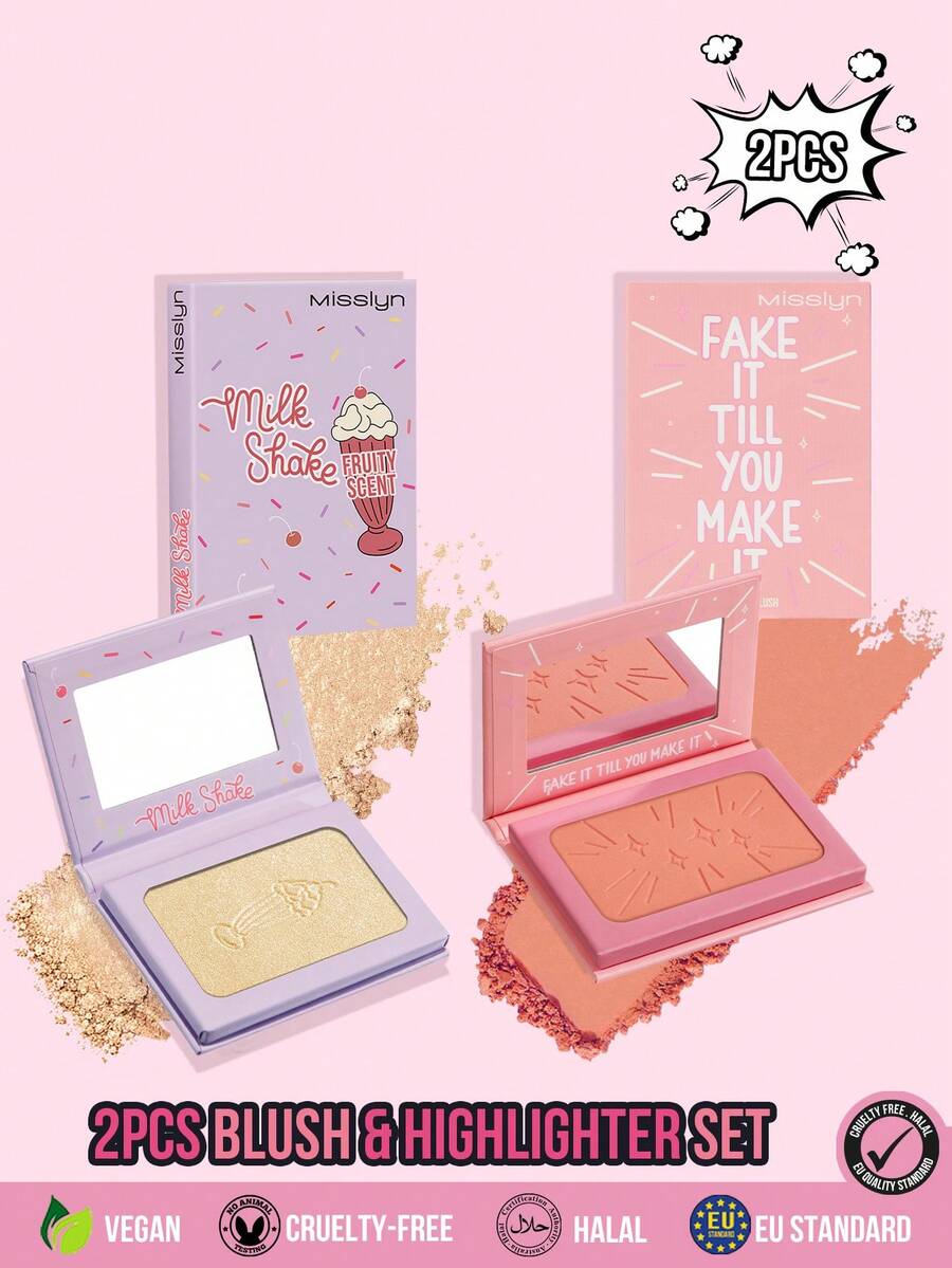 MISSLYN 2Pcs Fake It Till You Make It Powder Blush & Milk Shake Highlighter Set, Subtle Warm Peach Radiant Look, Matte Shimmer Cheek Finish, Face Blush & Highlighter Kit, Daily/Party/Summer, Soft Glam/Natural Glow/Shimmer, Halloween Makeup - #7+#2 - View 1