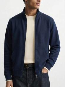 Men's Solid Color Zipper Casual Versatile Daily Wear Cardigan - Navy Blue - View 6