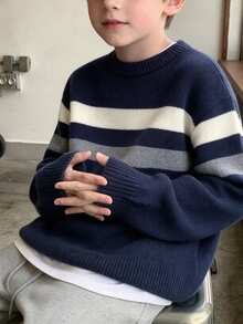 Boys' Colorblock Striped Crew Neck Knit Sweater, Casual Long Sleeve Knit Pullover, Warm Autumn/Winter Top - Navy Blue - View 6