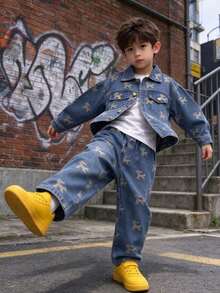 Boys' Toddler Autumn Spring All-Season Loose Fit All-Over Print Long Sleeve Denim Jacket And Denim Pants 2 Pieces Set, Suitable For Back To School, Daily Wear And Outdoor Activities - Baby Blue - View 3