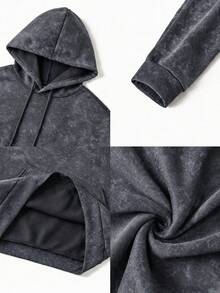 Men's Loose Drop Shoulder Distressed Washed Hoodie Sweatshirt, Autumn/Winter Brain & Heart Line Print Vintage Kangaroo Pocket Pullover - Dark Grey - View 5