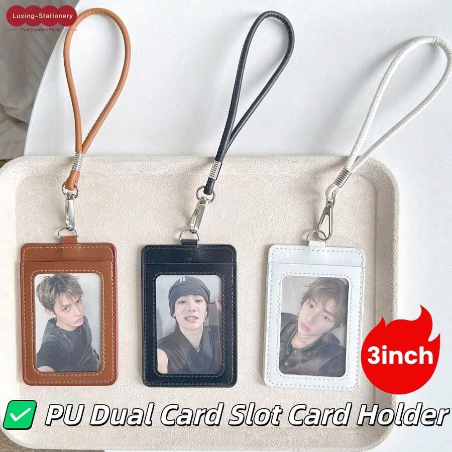 Minimalist Leather Multi-Slot Card Holder, 3-Inch Photo Card Sleeve, Student ID Badge Holder, Access Card Protector, Photo Card Sleeve, For K-Pop Fans, Middle And High School Students, Office Workers, Card Storage, Photo Dust Protection, Portable, Birthday Gift, Holiday Gift, Collectible Storage, Commuting, Campus Use, Desk Organization, Creative Collection, DIY Decoration
