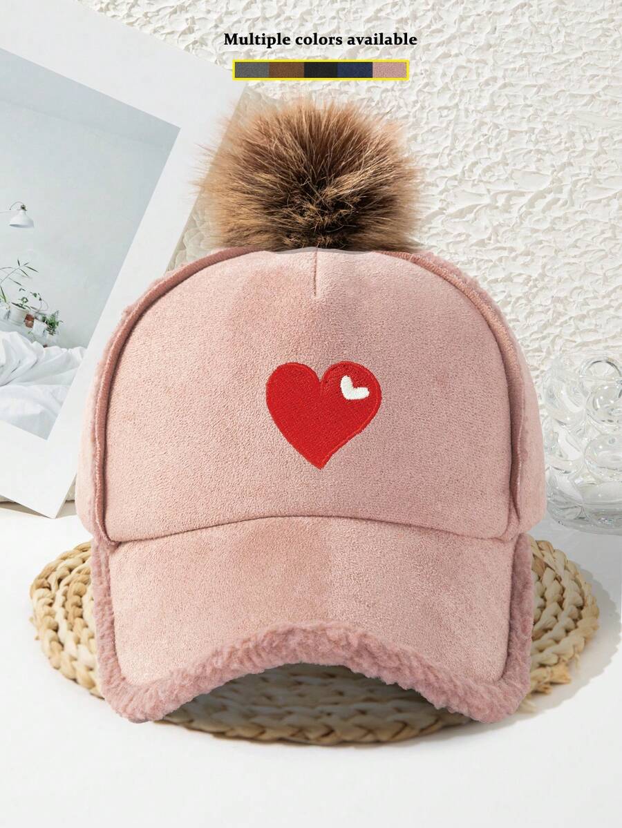 1pc Women's Thick Baseball Cap Embroidered Heart, Fashionable Vacation Cool Casual Autumn/Winter - A - View 1