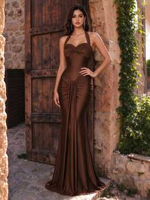 Autumn/Winter Elegant Halter Sweetheart Neck Pleated High-Elastic Slim-Fit Mermaid Long Evening Gown, Suitable For Party, Ball, Wedding, Festival - Coffee Brown - View 4