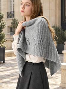 1pc Women's Striped Solid Color Fashion Casual Versatile Wool Knit Triangle Scarf Shawl, Suitable For Autumn/Winter Daily Wear - Grey - View 2