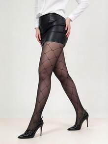 Rhombus Grid Bow Pattern Sheer Pantyhose, Women's Black Mesh See-Through Tights, Fashion Patterned Stockings, Suitable For Party And Daily Wear - Black - View 4