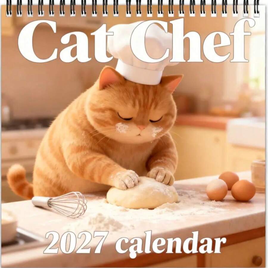 2027 Wall Calendar Cat Chef Cooking Dough And Eggs - Suitable For Home Or Office, Christmas And New Year Gift, Cute Aesthetic For Pet Lovers, Fun Design, Hanging, Desktop, Christmas, Christmas - Multiple Styles - View 1