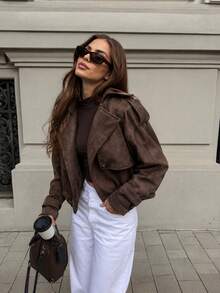 2026 New Autumn/Winter Vintage Faux Suede Short Loose Jacket, Long Sleeve Lapel Casual Everyday Outerwear - Coffee Brown - View 4