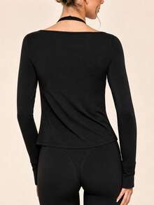 Women's Solid Color Pleated Casual Daily Travel Sports T-Shirt - Black - View 2