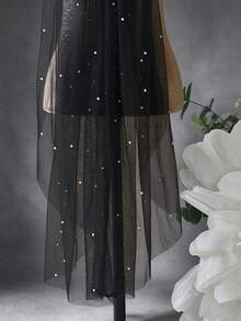 1 Piece Fingertip Length Black Bridal Veil, Single Layer Soft Drape Tulle With Sparkly Rhinestones, Wedding Veil With Hair Comb - Black - View 3