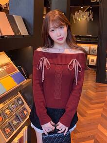 Women's Autumn/Winter Off-Shoulder Contrast Lace Plaid Bow Decor Fashion Sweater - Red - View 3