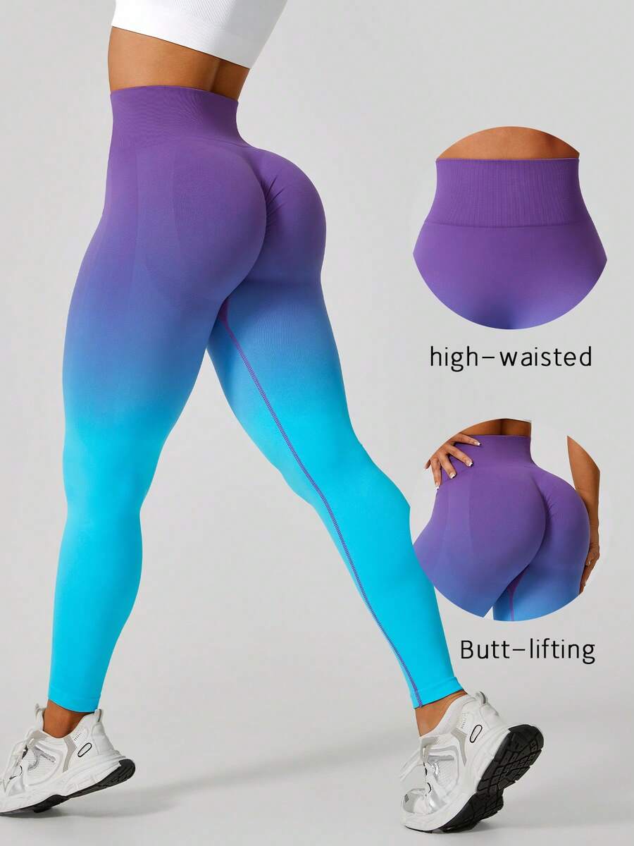 Summer Workout Women's Fashion Ombre Peach Seamless High Waist Fitness Leggings With Tummy Control Spring Sports Fall - Blue - View 1