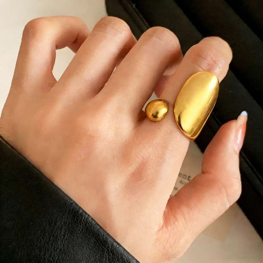 1pc Asymmetrical Geometric Stainless Steel Open Ring, Fashionable Personalized Ring - Gold - View 1