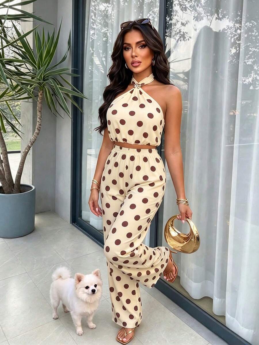 AIJ Casual Sexy Women's Polka Dot Halter Neck Gold Buckle Two Pieces Set, Backless Medium Stretch Outfit, Create A Look Vacation Elegant Summer - Yellow Base With Palm Flowers - View 1
