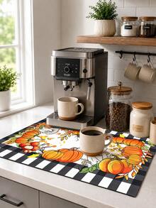 1pc Black & White Plaid Pumpkin Pattern Diatomaceous Earth Absorbent Drying Mat, Kitchen Countertop Draining Pad, Coffee Machine Mat, Bowl & Plate Drying Mat, Dining Table Breakfast Mat, Non-Slip Heat-Resistant Easy To Clean Hidden Water Stains, Suitable For Kitchen, Dining Table, Coffee Shop, Bar, Home Decor, Holiday Gift - Multicolor - View 4