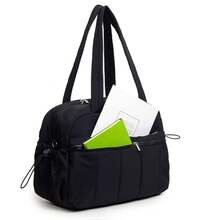 Travel Bag With Quilted Plaid Pattern, Ruched Hem And Metal Zipper Decor, Handheld And Crossbody Multi-Compartment Storage For Clothes And Digital Accessories, Zipper Closure, Minimalist Puff Style, Travel And Gym Bag, Unisex Short Trip, Sports And Commute, Practical Luggage Bag - Black - View 6
