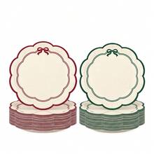 10/20/50pcs Cream Wavy Edge Christmas Paper Plates, Red & Green Bow Border 7 Inch Dinner Plates, Holiday Christmas Party Tableware, Suitable For Christmas Gift Exchange Party, Winter Holiday Party, New Year Celebration - White Background With Red and Green - View 1