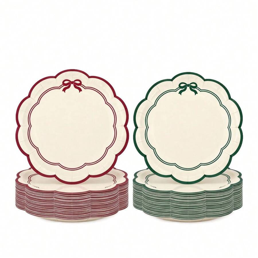 10/20/50pcs Cream Wavy Edge Christmas Paper Plates, Red & Green Bow Border 7 Inch Dinner Plates, Holiday Christmas Party Tableware, Suitable For Christmas Gift Exchange Party, Winter Holiday Party, New Year Celebration - White Background With Red and Green - View 1