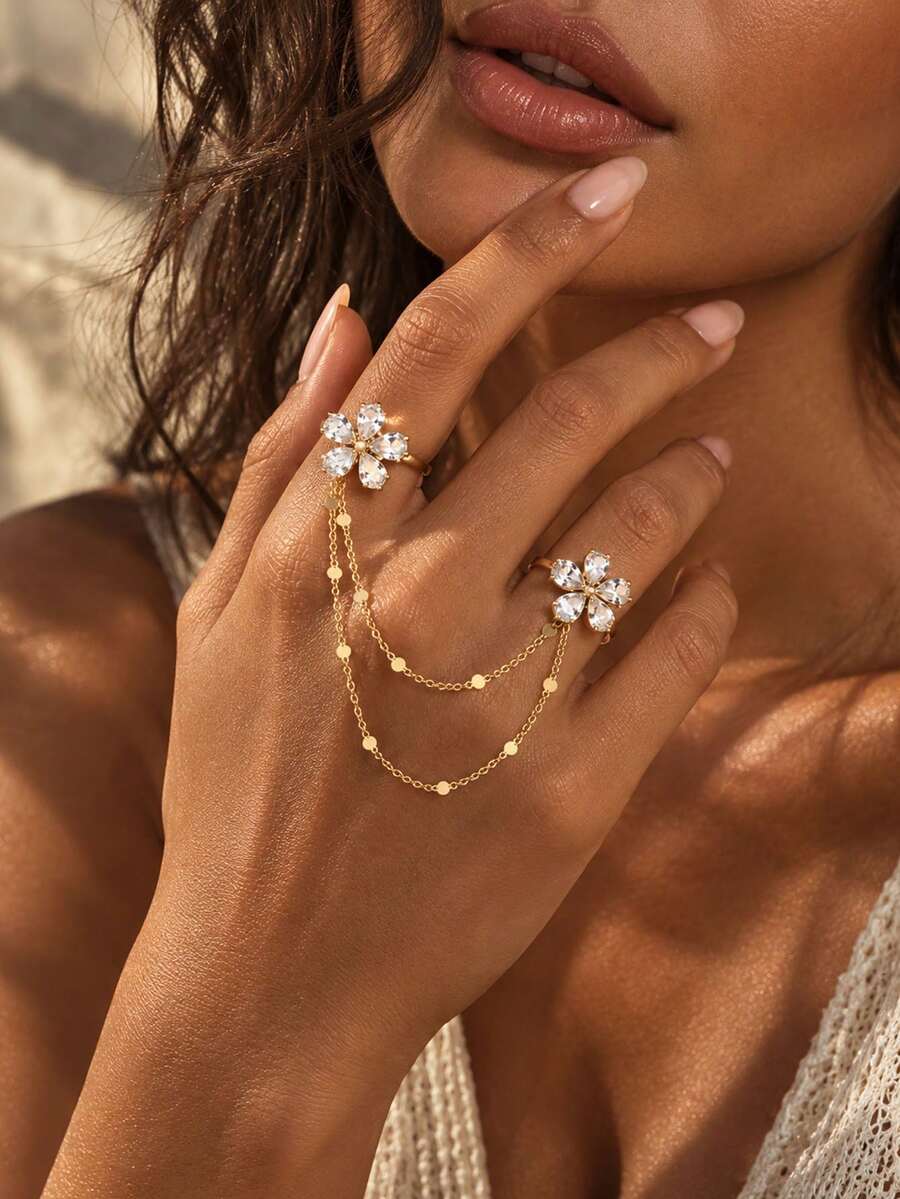 1pc Bohemian Style Silver Rhinestone Double Ring Women's Hand Jewelry, Elegant Crystal Connected Finger Party Ring, Suitable For Wedding, Prom And Evening Wear - Gold - View 1