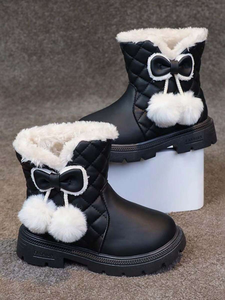 Girls' Winter Thermal Lined Snow Boots, Princess Style Thick Sole Anti-Slip Ankle Boots - Black - View 1