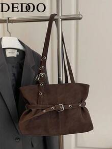 Dedoo Large Capacity Hand Tote, Solid Color, Metal Grommet Buckle Strap, Hand Carry, Simple Casual, Commute Travel Women Bag - Coffee - View 10