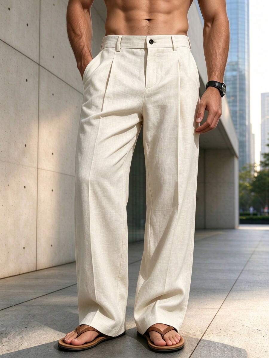 Men's Solid Color Straight Leg Casual Pants With Pockets, Suitable For Daily Commute And Vacation - Apricot - View 1