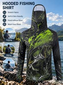 Men's Fishing Print Hoodie, Long Sleeve Fish Pattern Pullover, Green & Black - Multicolor - View 1