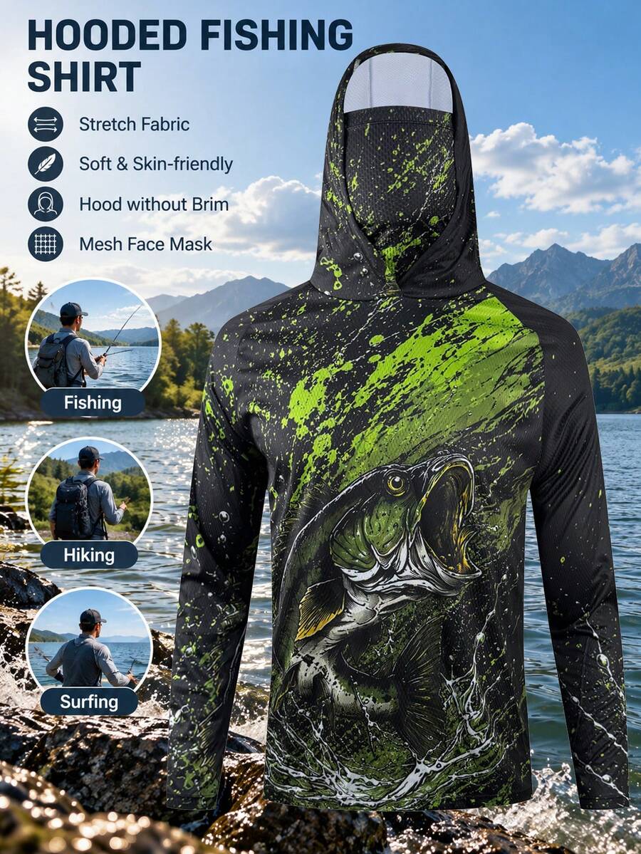 Men's Fishing Print Hoodie, Long Sleeve Fish Pattern Pullover, Green & Black - Multicolor - View 1