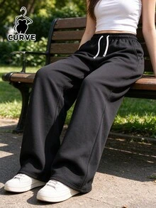 女款休閒大尺碼戶外極簡基本款長褲，舒適親膚柔軟長褲 - 黑色 - 查看 3