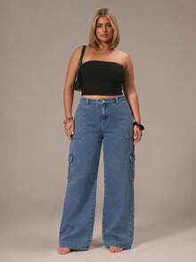 Plus Size Women's Loose Denim Cargo Pants, Washed Non-Stretch Wide Leg Jeans, With Pockets, Y2K Loose Fit Long Casual Trousers - Blue - View 5