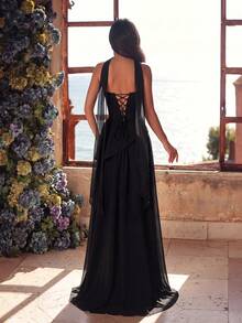 ADYCE Elegant Strapless Waist-Cinching Backless Fitted Tie-Up Rhinestone Embellished High Slit Floor-Length Ball Gown, Suitable For Prom, Homecoming, Wedding Guest, Formal Dinner, Christmas - Black - View 8